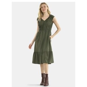 Time‎ and Tru Women's Olive V Neck Smocked Waist Tiered Midi Dress Size L NEW